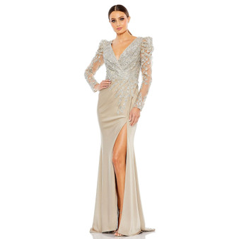 Women's Embellished Faux Wrap Illusion Puff Sleeve Gown
