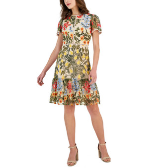 Petite Embroidered Puff-Shoulder Dress