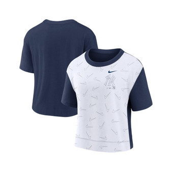 Women's Navy, White New York Yankees Line Up High Hip Fashion T-shirt