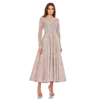 Women's Embellished Bow Belt Illusion Long Sleeve A Line Dress