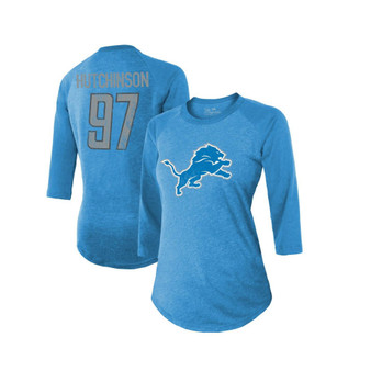 Women's Threads Aidan Hutchinson Blue Detroit Lions Name & Number Raglan 3/4 Sleeve T-shirt