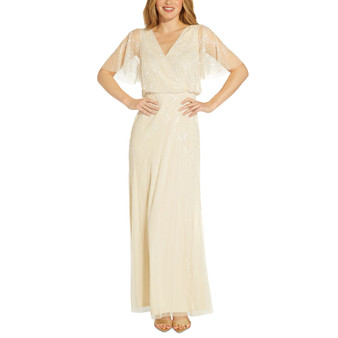 Petite Beaded Flutter-Sleeve Gown