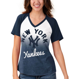 Women's Navy, White New York Yankees Shortstop Ombre Raglan V-Neck T-shirt