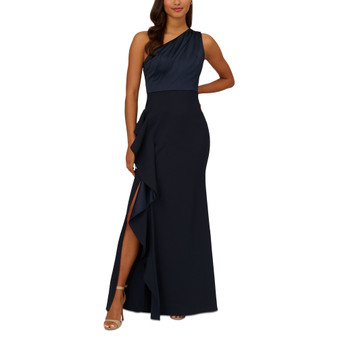 One-Shoulder Satin-Trim Draped Gown