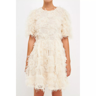 Women's Gridded Mesh Feathered Puff Sleeve Mini Dress