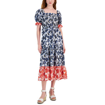 Women's Batik Floral Colorblocked Smocked Dress