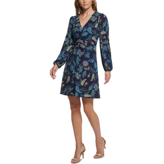 Petite Printed Blouson-Sleeve Ruched-Front Dress