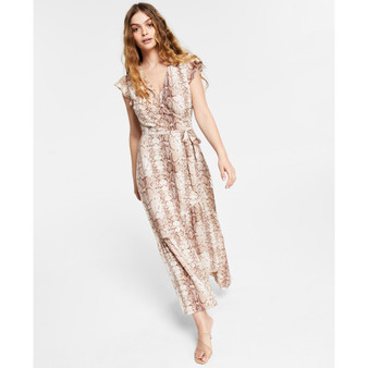 Petite Snake-Print Flutter-Sleeve Wrap Maxi Dress, Created for Macy's