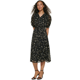 Floral-Print Puff-Sleeve Midi Dress