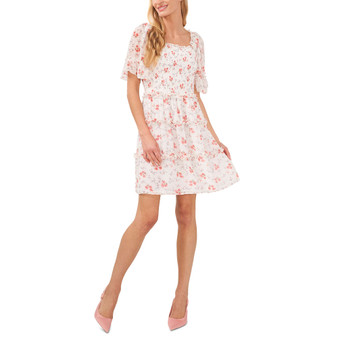 Women's Smocked-Bodice Elbow-Sleeve Floral Dress