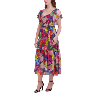 Women's Flutter-Sleeve Printed Midi Dress