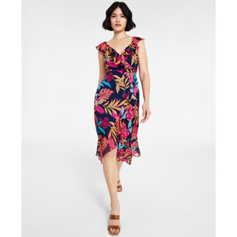 Women's Ruffled Metallic-Stripe Floral Midi Dress