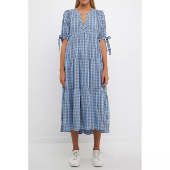 Women's Gingham Tiered Dress with Bow-Tie Sleeves