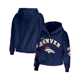 Women's Navy Denver Broncos Plus Size Modest Cropped Pullover Hoodie