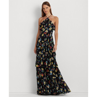 Women's Floral Ruffle-Trim Georgette Halter Gown