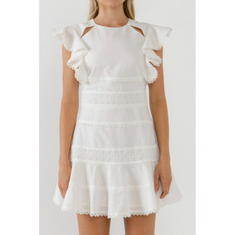 Women's Lace Trimmed Ruffle Sleeve Dress with Cutout