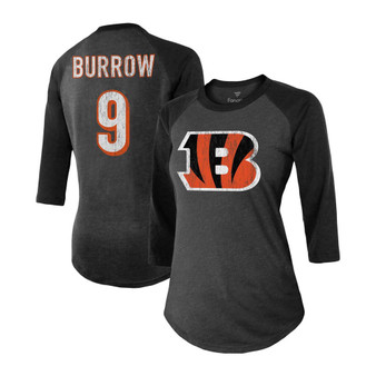 Women's Joe Burrow Black Cincinnati Bengals Player Name Number Raglan 3/4 Sleeve T-shirt