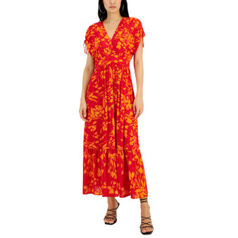 Women's Floral-Printed V-Neck Drop-Shoulder Maxi Dress