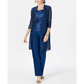 Petite 3-Pc. Sequined-Lace Jacket, Top & Pants