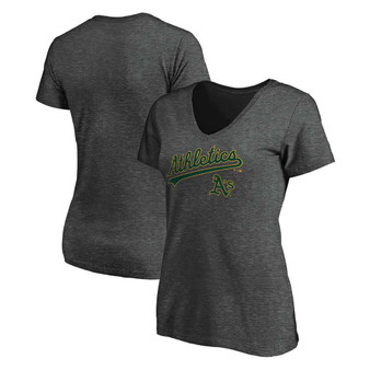 Women's Heathered Charcoal Oakland Athletics Team Logo Lockup V-Neck T-shirt