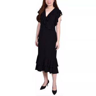 Women's Short Flutter Sleeve Ruffle Neck Dress