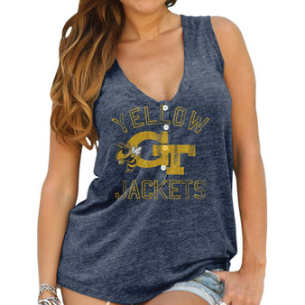 Women's Navy Georgia Tech Yellow Jackets Relaxed Henley V-Neck Tri-Blend Tank Top