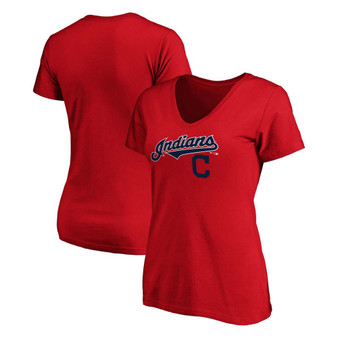 Women's Red Cleveland Indians Team Logo Lockup V-Neck T-shirt