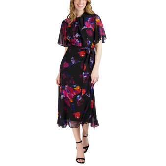 Women's Floral-Print Belted Flutter-Sleeve Dress