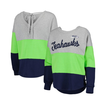 Women's Heathered Gray, College Navy Seattle Seahawks Outfield Deep V-Back Pullover Sweatshirt