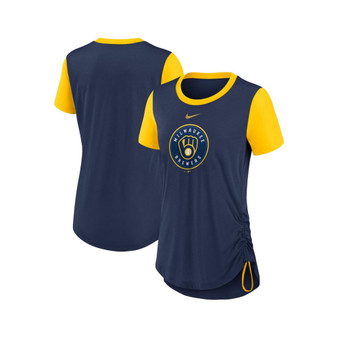 Women's Navy Milwaukee Brewers Hipster Swoosh Cinched Tri-Blend Performance Fashion T-shirt