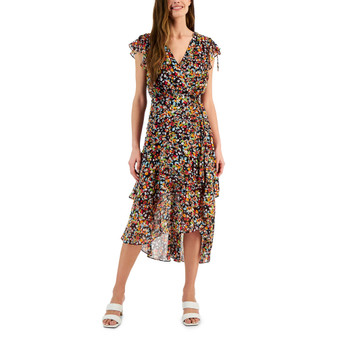 Women's Floral-Print Flutter-Sleeve Ruched Midi Dress