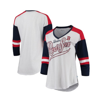 Women's White and Navy Boston Red Sox Base Runner 3/4-Sleeve V-Neck T-shirt