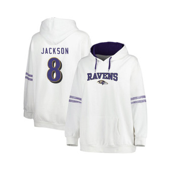 Women's Lamar Jackson White, Purple Baltimore Ravens Plus Size Name and Number Pullover Hoodie