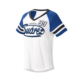 Women's White, Royal Daniel Suarez Circus Catch V-Neck T-shirt