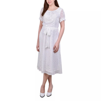 Women's Short Sleeve Belted Swiss Dot Dress