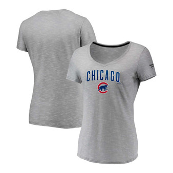 Women's Gray Chicago Cubs Wordmark and Logo Space-Dye V-Neck T-shirt