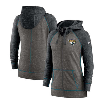 Women's Heathered Charcoal, Black Jacksonville Jaguars Gym Vintage-Like Raglan Full-Zip Hoodie