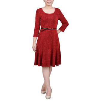 Women's 3/4 Sleeve Jacquard Ponte Belted Dress