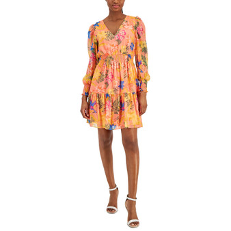 Women's Floral-Print Blouson-Sleeve V-Neck Dress