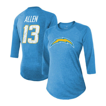 Women's Keenan Allen Powder Blue Los Angeles Chargers Team Player Name Number Tri-Blend Raglan 3/4 Sleeve T-shirt