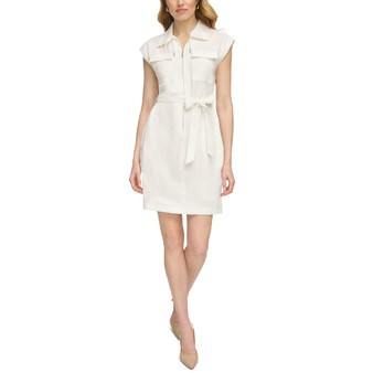Women's Point-Collar Tie-Waist Zip-Front Cargo Dress