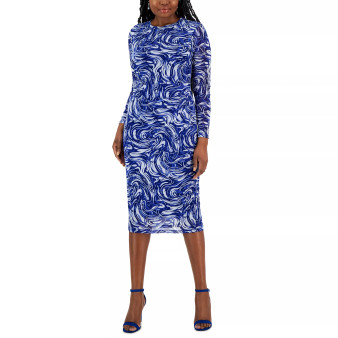 Women's Printed Side-Pleated Long-Sleeve Dress