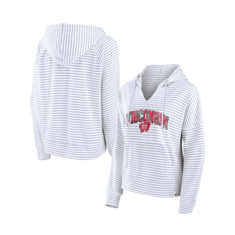 Women's Branded White Wisconsin Badgers Striped Notch Neck Pullover Hoodie