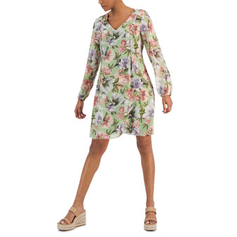 Women's Floral-Print Tie-Back Long-Sleeve Dress, Created for Macy's