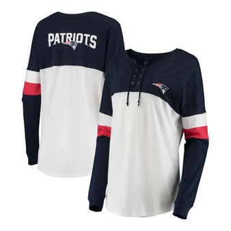 Women's Navy, White New England Patriots Athletic Varsity Lace-Up Long Sleeve T-shirt
