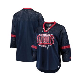 Women's Navy New England Patriots Lead Game Lace-Up V-Neck 3/4-Sleeve T-Shirt