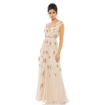 Women's Embellished Wrap Over Cap Sleeve A-Line Gown