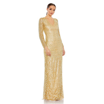 Women's Sequined Long Sleeve V Neck Beaded Fringe Gown
