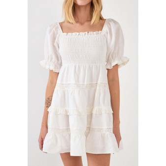 Women's Linen Smocked Mini Dress with Lace