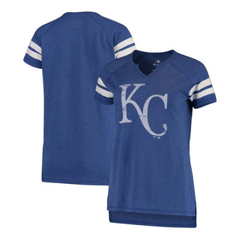 Women's Royal, White Kansas City Royals Tri-Blend Wordmark Notch Neck T-shirt
